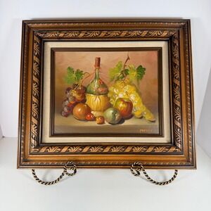 Gold ornate frame still life oil painting fruit & wine cottage core wall art